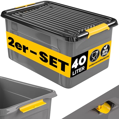Monzana® 2x Aufbewahrungsbox 40L mit Deckel 40kg belastbar Kunststoff BPA frei Klickverschluss stabil flexibel stapelbar blickdicht Keller Garage Box