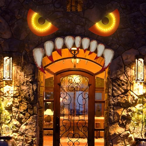 Large Size Halloween Garage Door Decorations 25.59inches - Monster Face House Archway Outdoor Decor with LED Eyes Teeth (Assembly Needed)