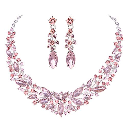 Youfir Austrian Crystal Rhinestone Bridal Wedding Necklace and Earrings Jewelry Sets for Women (Pink)