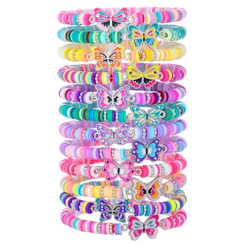 Friendship Bracelets for Women - Heishi Surfer Colorful Smile Butterfly Clay Beaded Stretch Bracelets Elastic Layering - Stackable Boho Disc Y2K Aesthetic Summer Jewelry Set.