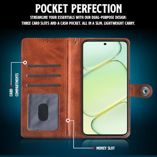 Image of WOW IMAGINE Shock Proof Flip Cover Back Case for 1+ OnePlus Nord CE 6 Lite 5G (Magnetic Button Flip Case | Wallet Pockets & Stand | Leather Finish | Alder Brown)