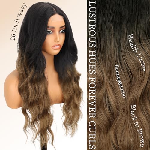 Image of AISI HAIR Brown Wig for Women, Long Wavy Black To Brown Lace Hairline Middle Part Synthetic Heat Resistant Wig for Daily Party-26 Inch