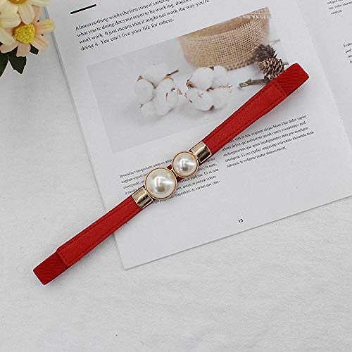 Women Skinny Elastic Waist Belt,Pearl Interlocking Buckle Thin Waistband for Ladies Dress Decorative Belts2