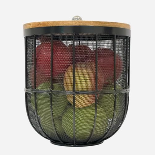 Image of Modern Metal Fruit Basket /Bowl with Lid - Perfect for Fruits, Vegetables, and Home Decor, Durable Design, 22x20cm (Silver (PACK OF 1)) (black, large)