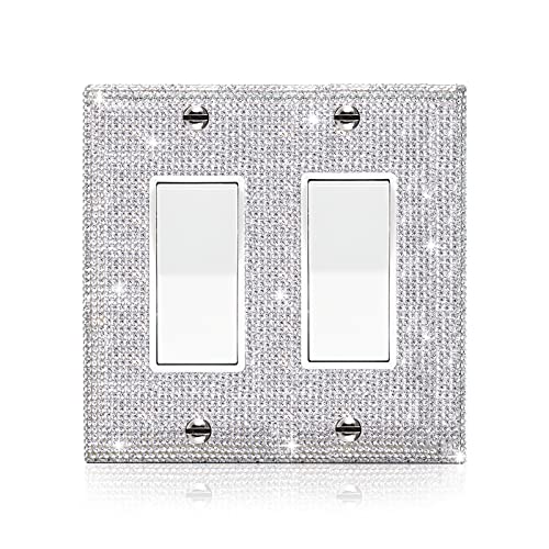 Image of Shiny Silver Rhinestones Light Switch Cover Decorative Outlet Covers Plate Double Gang Toggle Wall Outlet Cover