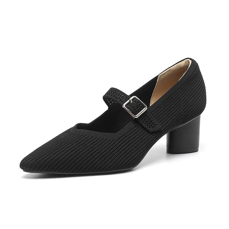 Women Knit Pointed Toe Chunky Heel Mary Jane Dress Shoes for Women Mesh Softable Comfort Low Block Heels Ankle Buckle Strap Work Mary Jane Pumps