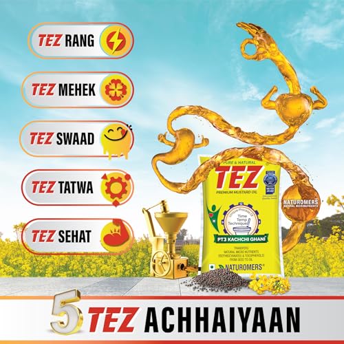 Image of Tez Mustard Oil for Cooking 1L Pouch | PT3 Kachchi Ghani Sarson Ka Tel | 100% Pure & Natural Oil | Promotes Gut Health with Antibacterial & Antifungal Benefits | Supports Good Health