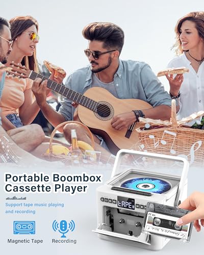 Image of Sunoony Boombox Cassette CD Player Combo with Bluetooth, 5000mAh Battery | Rechargeable Cd and Cassette Player for Home /Kids /Gift,FM Radio /Remote Control /Tape Recording /AUX /TF /USB /Earphone Jack(White)