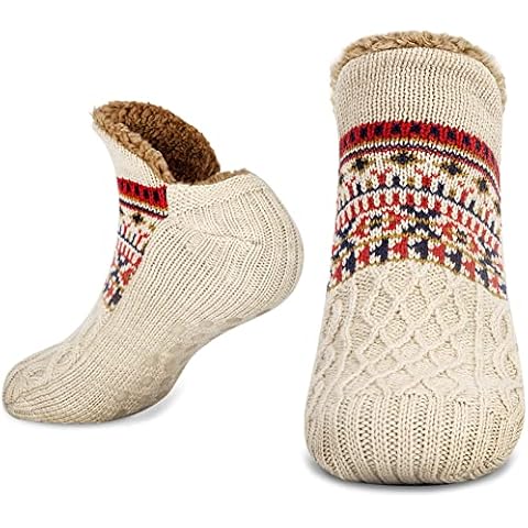 Slipper Socks for Women Men Warm Holding Sock Non Slip Knitted Thick Sherpa Fleece Lined Cosy Winter Fluffy Bed Slippers Suitable for Indoor Home House Floor THCX Beige Cover