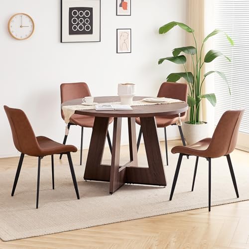 Image of 47 inch Round Dining Table Set for 4, Kitchen Table and Chairs | Wooden Cross Base, Synthetic Leather Chair, for Apartment