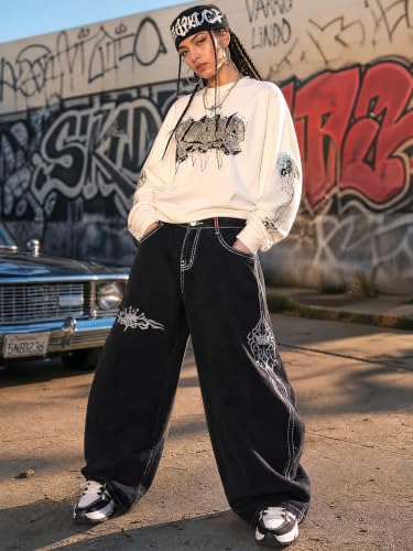 Image of EMMIOL Women Hip Hop 90s Vintage Baggy Jeans Denim Pants Mid Waist Jeans