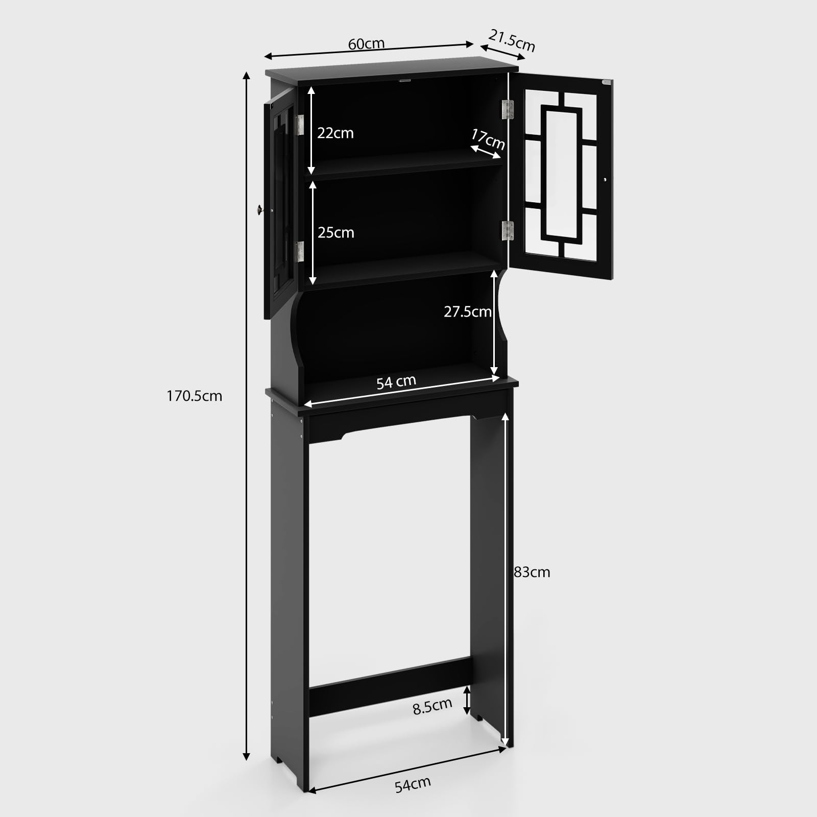 GYMAX Scaffale da Bagno sopra WC Armadio Portaoggetti per Lavatrice, Scaffale Salvaspazio da Bagno, Armadietto con 2 Ante, di Legno, 170,5x60x21,5 cm (Nero)