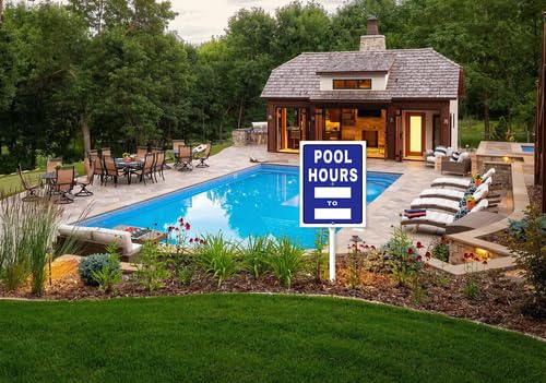 Cartello "Pool Hours to Yard con paletto", 20,3 x 30,5 cm, in alluminio, facile da installare, per uso esterno