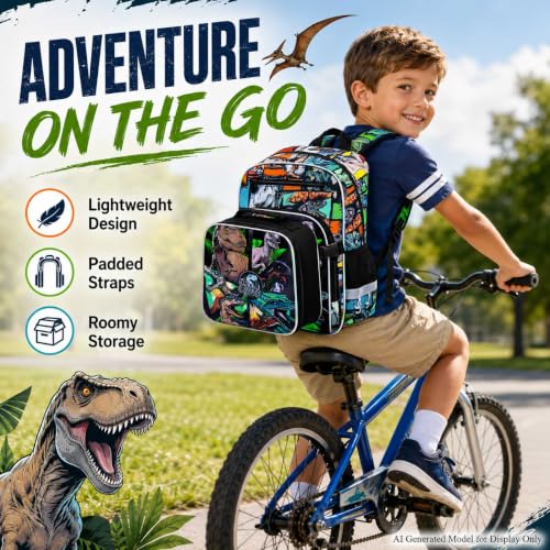 Image of WZLVO 3PCS Kids Dinosaur Backpack Set, 16 inch Cool UV Printing Boys Bookbag /School Bag with Clip-On Lunch Bag & Pencil Bag for Preschool to Elementary - Dinosaur Khaki