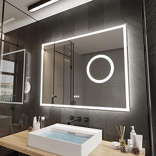 PetusHouse 48 X 36 Inch LED Lighted Smart Bathroom Mirror, Bluetooth Speaker and 5.5 Inch 3X Lighted Magnifier, Wall Mounted White Light Backlit Dimmable Anti-Fog Time Display CRI>90, Horizontally