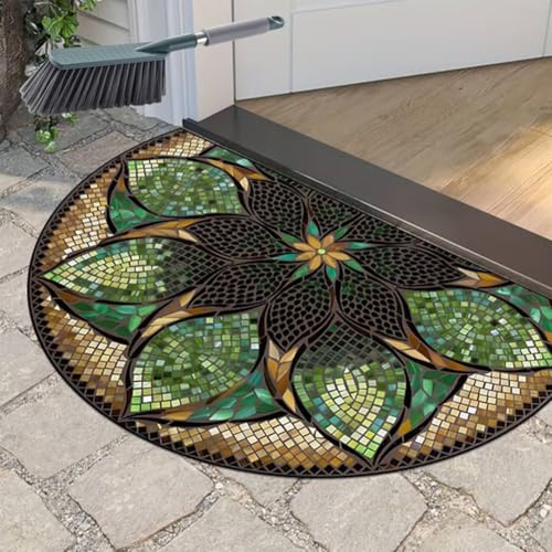 Felpudo semicircular de estilo bohemio, antideslizante, suave, alfombra de piso con diseño de mandala con respaldo de goma TPR, tapete decorativo absorbente para exteriores e interiores (50 x 80 cm)