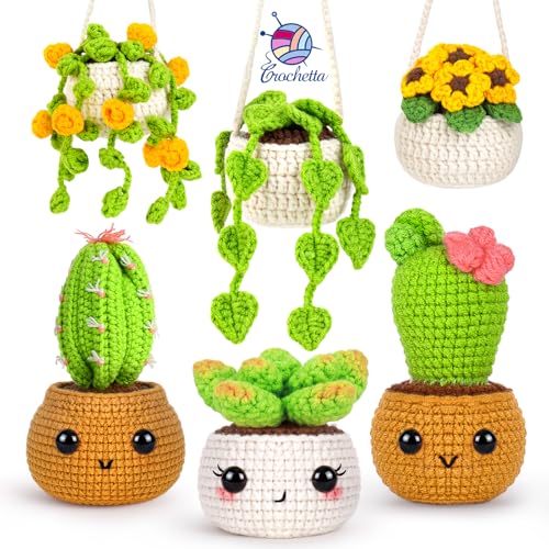 Crochetta Crochet Kit for Beginners Crochet Starter Kits for Adults Amigurumi Craft Knitting Crocheting Kits with Step-by-Step Video Tutorials 6 Pc Hanging Potted Plants Family(40%+ Yarn