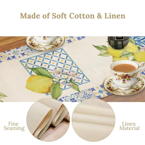 Image of Mediterranean Lemon Table Runner - Blue Tile Border with Watercolor Yellow Lemons and Floral Design - Summer Dining Table Decor for Kitchen or Patio 13x72 Inch