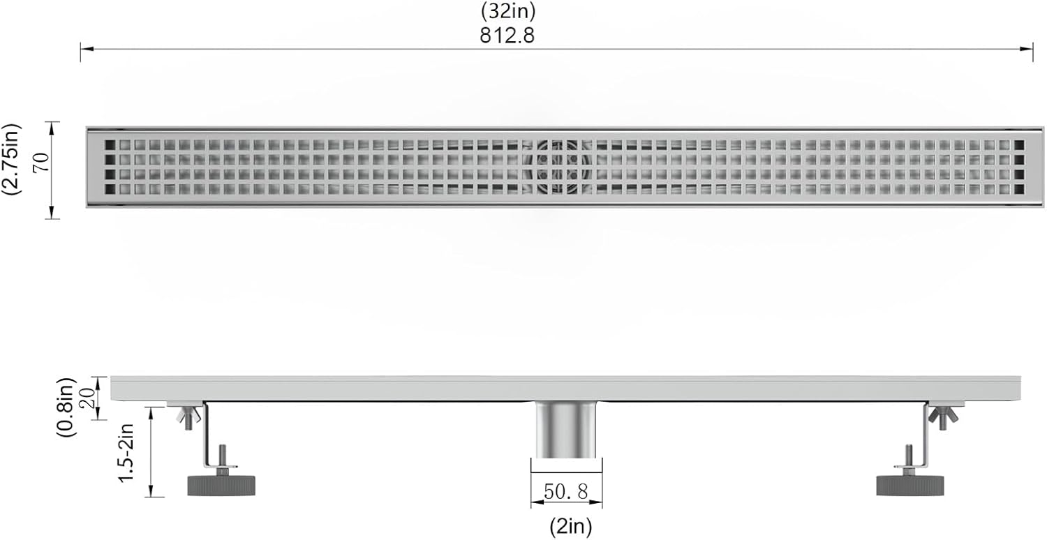 GAOMON 32-Inch Linear Shower Drain with Removable Quadrato Pattern Grate, Brushed 304 Stainless Steel Rectangle Shower Floor Drain, Bathroom Linear Drain with Leveling Feet,Hair Strainer