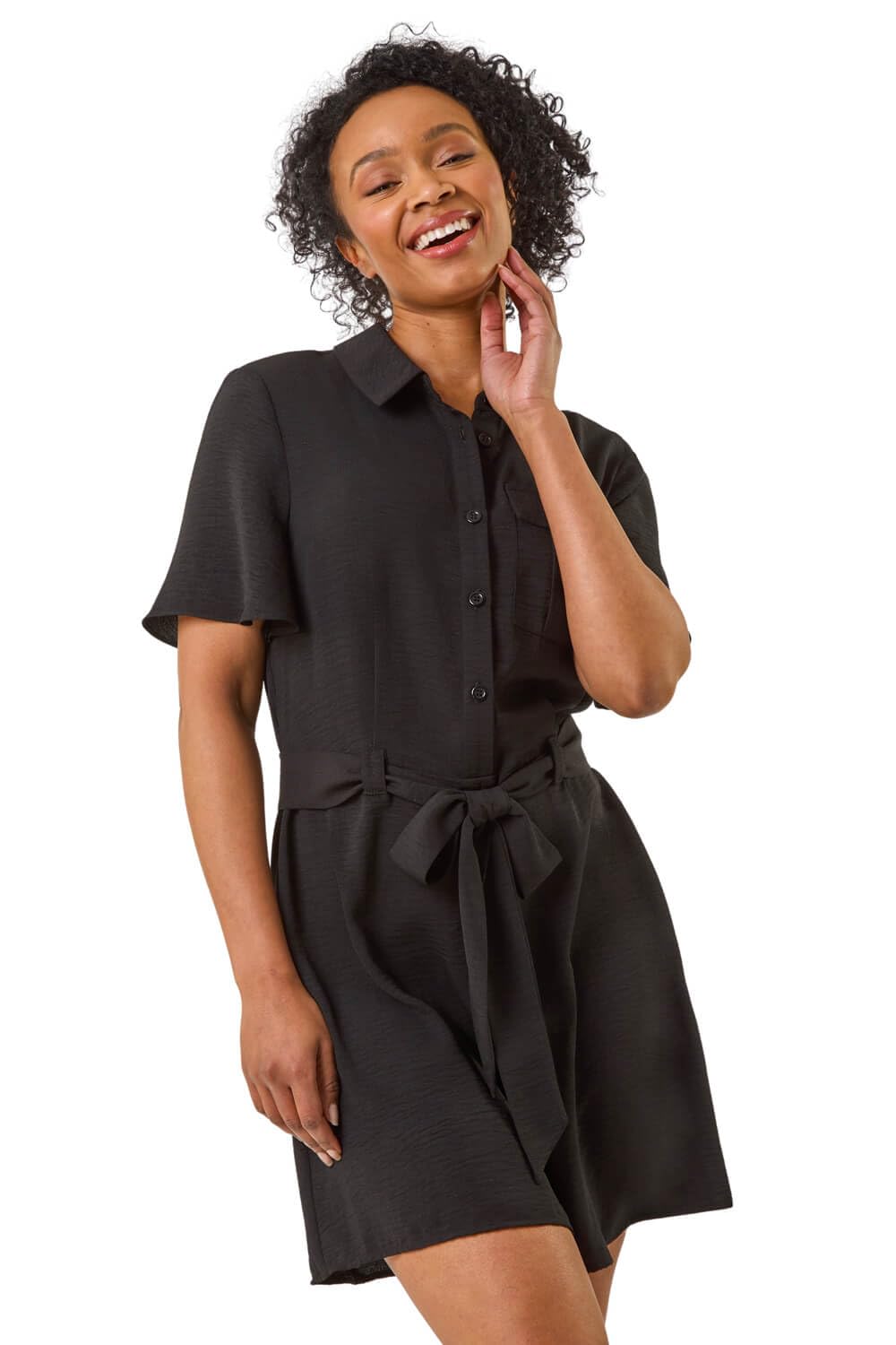 Roman Originals Women's Null Roman Petite Button Front Tie Playsuit For Uk - Everyday Holiday Spring Summer Shirt Style Collar Comfy Soft Evening Vacation Work Party - Petite Black - Size 16