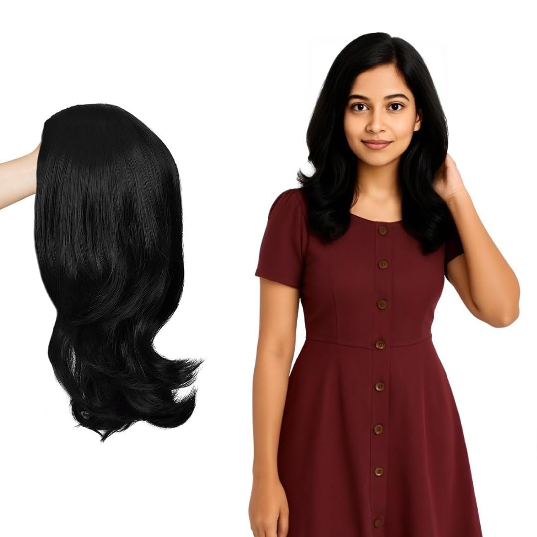 AHS Hair wig Full Head, Shoulder Hair Wig Length Wavy & Heat Resistant Synthetic for Women Brown Hair Wig for Women Girls Cosplay Costume with Wig Cap (Black)-image-8
