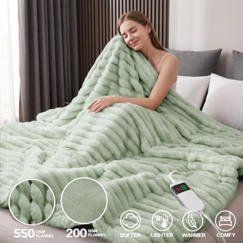 Image of Heated Blanket Electric Throw 50″x60 ″Inch - Thick Striped Flannel Electric Blanket,10 Heating Levels, 1-12 Hours Auto Off, Fast Heating Heating Blanket with Overheat Protection.