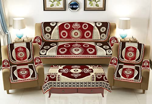 Image of Sawna Homes 5 Seater Sofa Cover Set - 3 + 1+1 Chennile Heavy Velvet Fabric Sofa Cover Back 5 Seater With 6 Pcs Arms Sofa Cover And Centre Table Cover, Coffee Mehroon