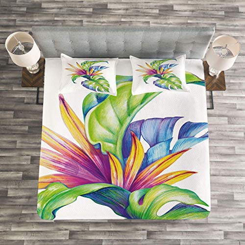 Ambesonne BED_38872_QUEEN Plant Bedspread Set, Tropical Leaves And Monstera Abstract Color Scheme Hawaiian Floral Elements thumb #3