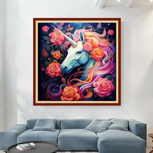 Image of Magxvouy Cross Stitch Kits Stamped Full Range of Embroidery Kits,Cross Stitch Patterns Needlework Kits for Beginners 11CT Printed Kits&Colorful Unicorn 18x18 inch