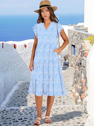 Image of ANRABESS Womens Summer Dress Ruffle Sleeve V Neck Midi Dresses Fashion Casual Fit Flowy Tiered Boho Beach Vacation Sundress