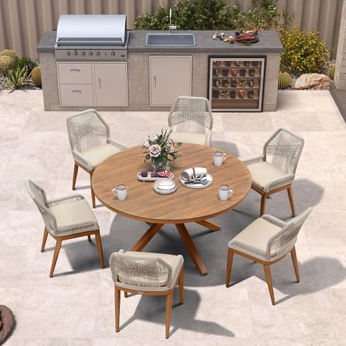 PURPLE LEAF 7 Pieces Round Dining Set Patio Aluminum Modern Round Table and Wicker Chairs with Cushions for Kitchen Backyard Garden Outdoor Furniture Sets
