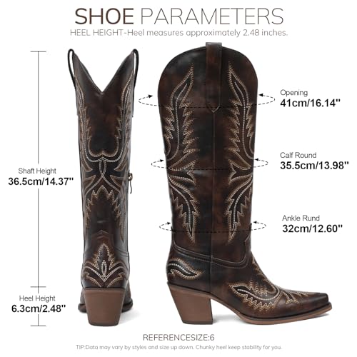 Image of Tscoyuki Cowboy Boots for Women: Embroidered Western Knee High Boots Women - Pointed Toe Chunky Heel Cowgirl Tall Boots