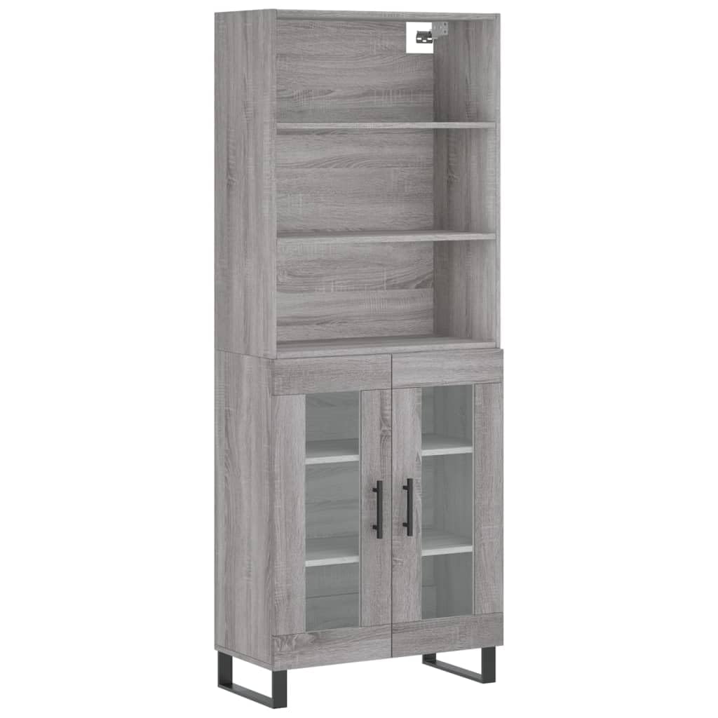 Witrynka szary dąb sonoma 69,5x34x180cm materiał drewnopochodny wysoka szafka do salonu z drzwiami i półkami meble do przechowywania antypoślizgowe nóżki metalowe nowoczesna witryna