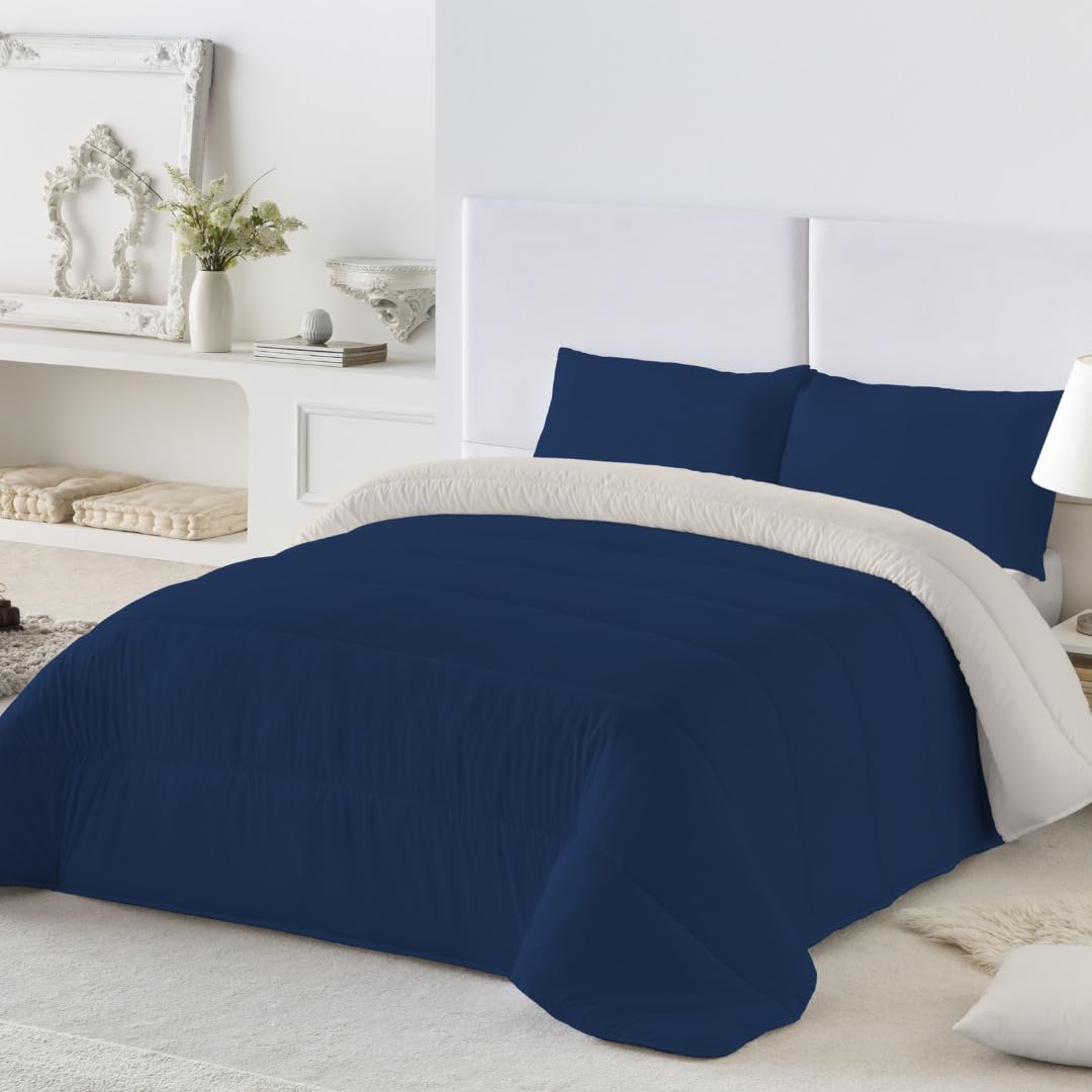 NATURALS - Edredón Nórdico 300 Gramos Liso Bicolor - Reversible - Microfibra Extrasuave - Acolchado Gran Confort y Transpirable - Azul/Piedra - Cama 90/105 (180x260 cm) - Fabricado en España