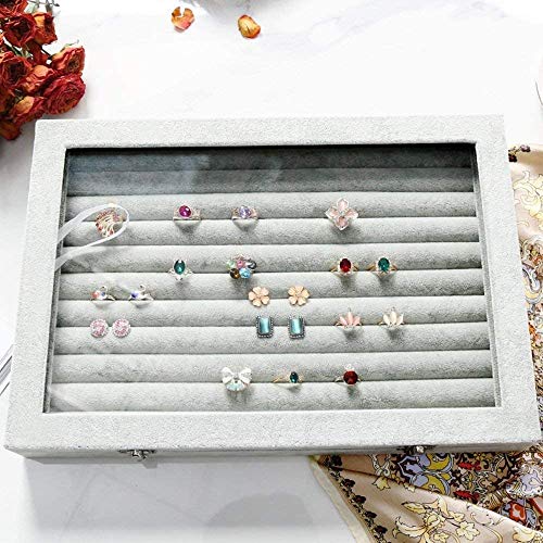 Image of BucketList Women's Velvet Glass Ring Earrings Jewelry Box - Display Storage Showcase Holder Organizer (100 Slot Ring Jewellery Box-Grey)