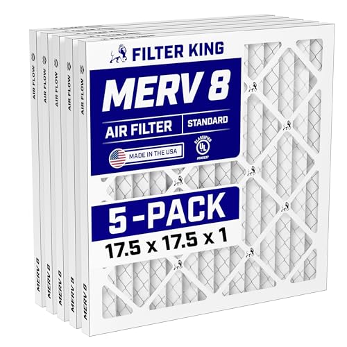Filter King 17.5x17.5x1 Air Filter (MERV 8) (5-Pack) Dust & Allergy Control AC Furnace Filters MADE IN USA HVAC Pleated Electrostatic (Actual Size: 17.5 x 17.5 x .75)