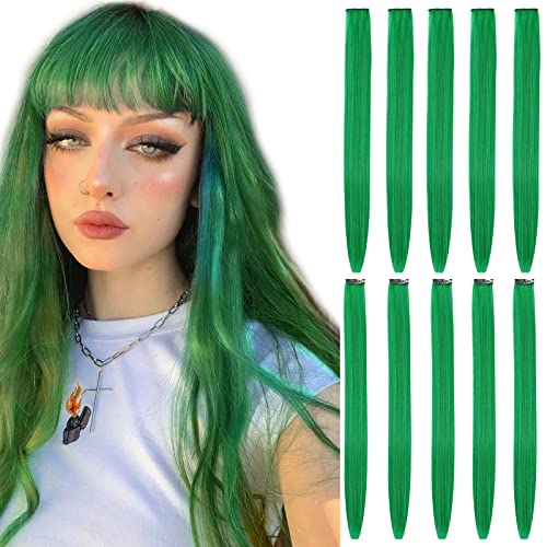 BEAUTY ON LINE 10 extensiones de cabello con clip, extensiones de cabello de colores de 22 pulgadas, extensiones de cabello sintético largo y liso para mujeres, niños y niñas (color verde)