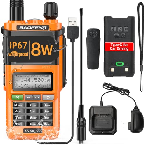 BAOFENG Ham Radio Handheld UV-9R Pro 8W Dual Band Two-Way Radio Tri- Power Waterproof Transceiver Long Range Walkie Talkie Rechargeable with Type-C Charger Cable
