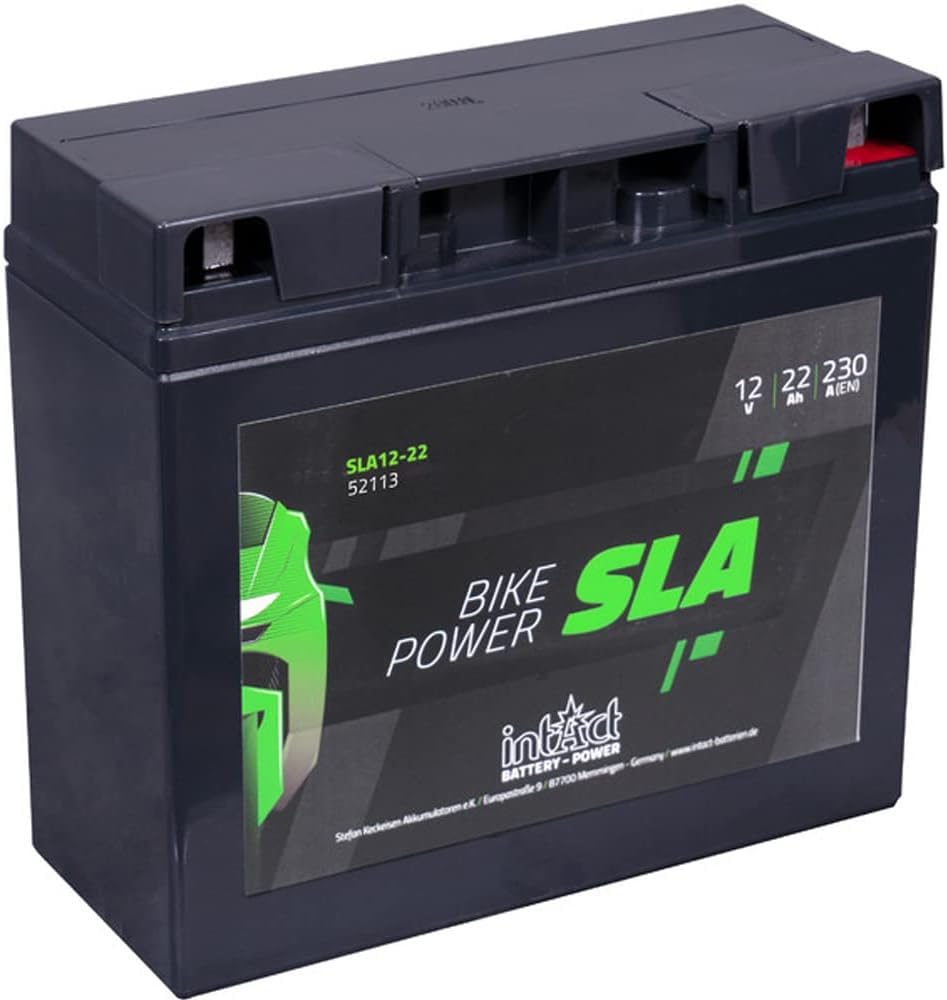 intAct - AGM BATTERIE MOTOCYCLE | Batterie pour scooter, moto, quad, etc. Batterie sans entretien & anti-fuite | SLA12-22, 52113, batterie 12V, 22 AH (c20), 230 A (EN) | Dim: 185x80x170mm