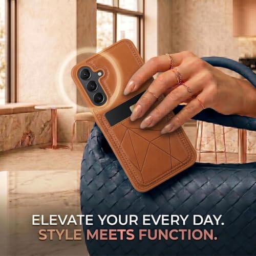 Image of amazon basics Premium Vegan Leather Back Cover with Card Holder and Integrated Mobile Stand for Samsung Galaxy S25FE 5G - Slim Shockproof Wallet Case with Geometric Stitching [Tan]
