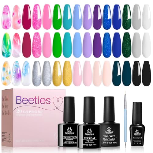 Image of Beetles Gel Nail Polish with Blooming Gel -19 Colors Gel Nail Polish | Pink Green Blue Purple Neon Gel Nail Polish 3Pcs Base&Glossy Matte Top Coat,Clear Polish for Spreading Effect Soak off UV