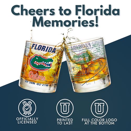 Image of Greenline Goods - University of Florida Gators College Whiskey Glasses (Set of 2), 10 oz - Full-Color Logo + Campus Map