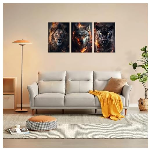 1Set/3pcs Three Majestic Wild Animals with Fiery Effects Lion, Wolf and Panther, 8x12 Inches, Unframed