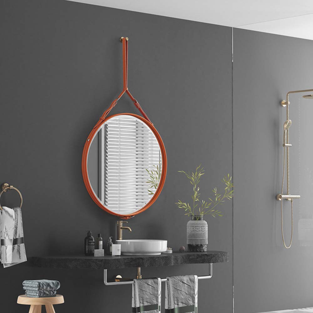 KOOU Creative Hanging Round Orange Bathroom Mirrors, HD Silver Mirror Leather Frame Wall Mounted Mirror Decorative Mirror for Dressing Room Living Room, 3 Sizes JZU-9
