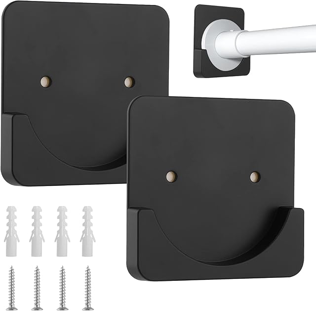 Prasacco Adhesive Shower Curtain Rod Tension Holder, Curtain Rod Bracket No Drilling Stick On Curtain Rod Holder Shower Rod Holders for Wall, 2 Pcs, Black, Not Include Shower Curtain Rod