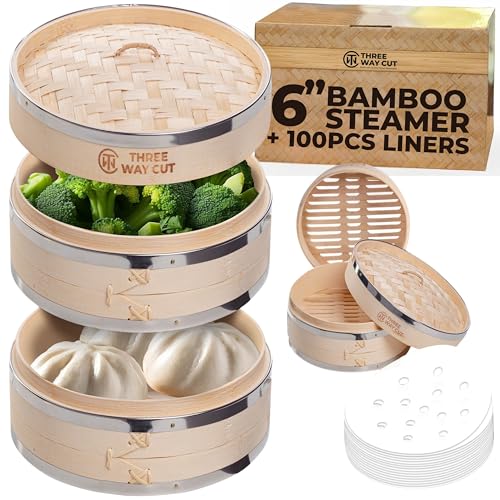 6 inch Dumpling Bamboo Steamer 2 Tier (Steel Reinforced) W/ 100PC...