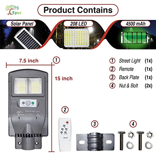 Image of Epyz 30Watt Grey Solar Street Light Outdoor with Remote, 208 Led Motion Sensor and Dusk to Dawn for Garden, Street, Lawn, Patios and Pathways [ with Out Pole ] [ Pack of 1, Cold White]