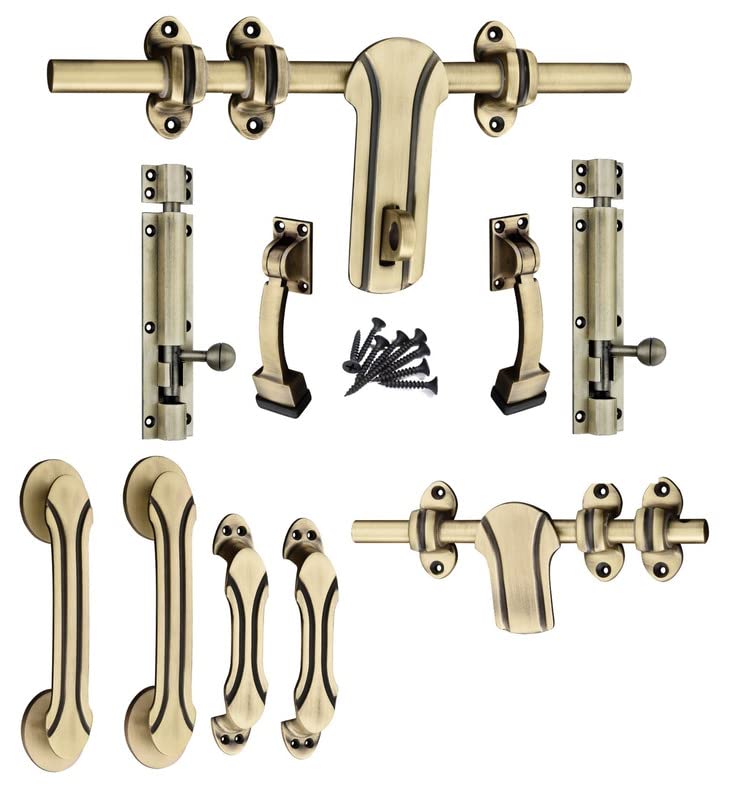 Shiv Sarika India Royal Zinc Alloy Heavy Double Door Fitting Accessories Full Set/Kit (1 Aldrop, 1 Latch, 4 Handles, 2 Tower Bolt and 2 Door Stopper) (12 Inch,Antique Matt)