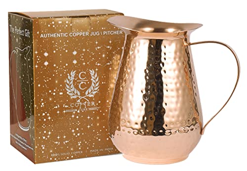 Pure Copper Water Pitcher with lid , 100% Solid Copper Jug, Capacity 70 Oz, Copper Hammered Vessel, Copper Carafe For Ayurveda Health, Healing Benefit, Home, Hotel & Gifting