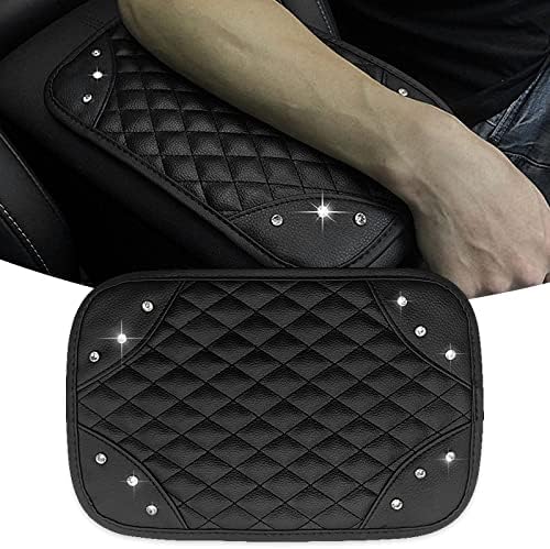 Pack-1 Bling Auto Armrest Console Cushion, 11.8″ x 7.6″ Waterproof Leather Car Armrest, Soft Crystal Protective Armrest Seat Box Cover Fits for Most Vehicles, SUVs, Trucks (Black)